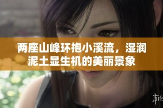 两座山峰环抱小溪流，湿润泥土显生机的美丽景象